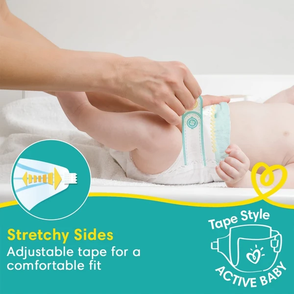 Pampers Active Baby Tape Style Baby Diapers, New Born/Extra Small (NB/XS) Size, 72 Count, Adjustable Fit with 5 star skin protection, Up to 5kg Diapers - New Born/X-Small, 72