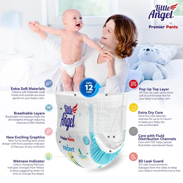 Little Angel Premier Pants Baby Diapers, New Born (NB) Size, 28 Count with Wetness Indicator, up to 5 Kg - 28 Count (Pack of 1), 28