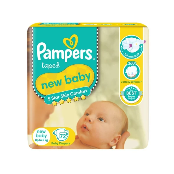 Pampers Active Baby Tape Style Baby Diapers, New Born/Extra Small (NB/XS) Size, 72 Count, Adjustable Fit with 5 star skin protection, Up to 5kg Diapers - New Born/X-Small, 72