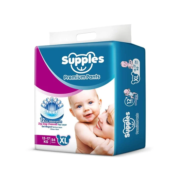 Supples Premium Diapers, X-Large (XL), 54 Count, 12-17 Kg, 12 hrs Absorption Baby Diaper Pants - X-Large, 54