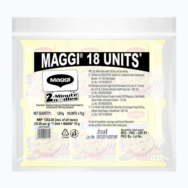 MAGGI 2-minute Instant Noodles, Masala Noodles with Goodness of Iron, Made with Choicest Quality Spices, Favourite Masala Taste, 70g (Pack of 18) - Pack of 18 (Rs. 252), Non-Returnable