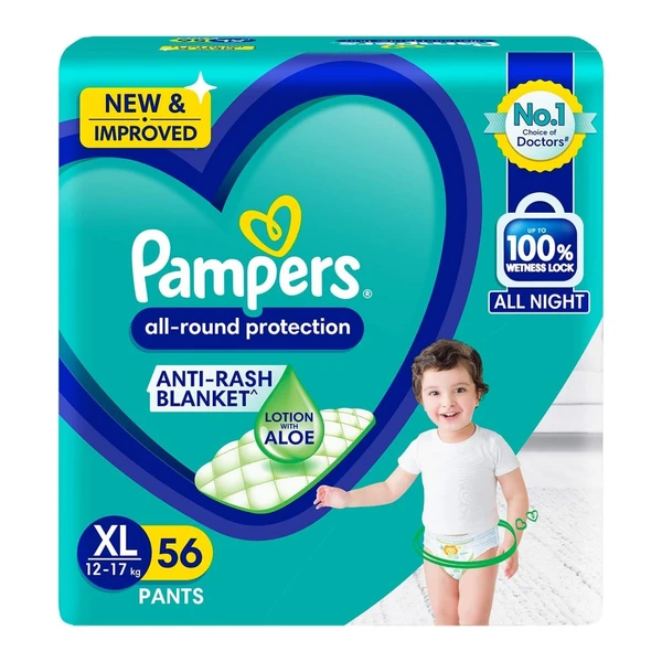 Pampers All round Protection Pants Style Baby Diapers, X-Large (XL) Size, 56 Count, Anti Rash Blanket, Lotion with Aloe Vera, 12-17kg Diapers - X-Large, 56