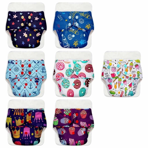 Superbottoms SuperBottoms BASIC Pack of 14 Side Leakage Proof Reusable Cloth Diaper with Quick Dry UltraThin pads|Freesize, Rash Free,for Kids 0-3 Yrs|Stay Dry & Lasts up to 3Hrs|7 Shell + 7 Pads - Assorted - 7 Diapers + 7 Soakers