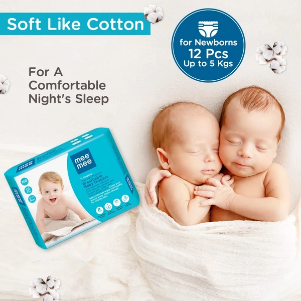 Mee Mee Premium Breathable NEWBORN Baby Taped Diapers,Super Absorbent, Cotton Soft with Wetness Indicator for New Born Babies/Infants of 0-1 years with protection utpo 12 Hrs - N (Pack of 12), 12.0