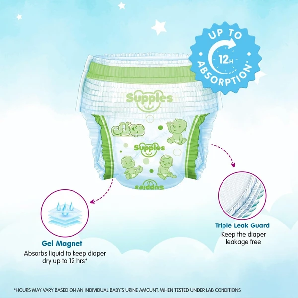 Supples Premium Diapers, X-Large (XL), 54 Count, 12-17 Kg, 12 hrs Absorption Baby Diaper Pants - X-Large, 54