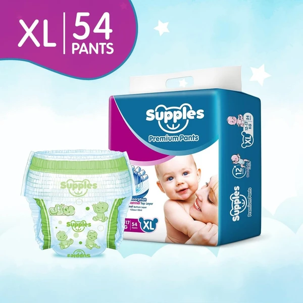 Supples Premium Diapers, X-Large (XL), 54 Count, 12-17 Kg, 12 hrs Absorption Baby Diaper Pants - X-Large, 54