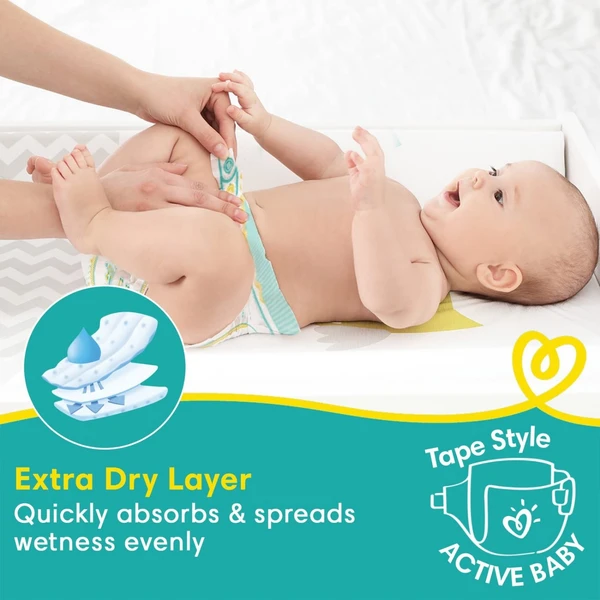 Pampers Active Baby Tape Style Baby Diapers, New Born/Extra Small (NB/XS) Size, 72 Count, Adjustable Fit with 5 star skin protection, Up to 5kg Diapers - New Born/X-Small, 72