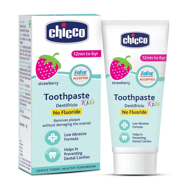 Chicco Toothpaste, Strawberry Flavour for 1Y to 6Y Baby, Fluoride-Free, Preservative-Free,Cavity Protection (50g) - 