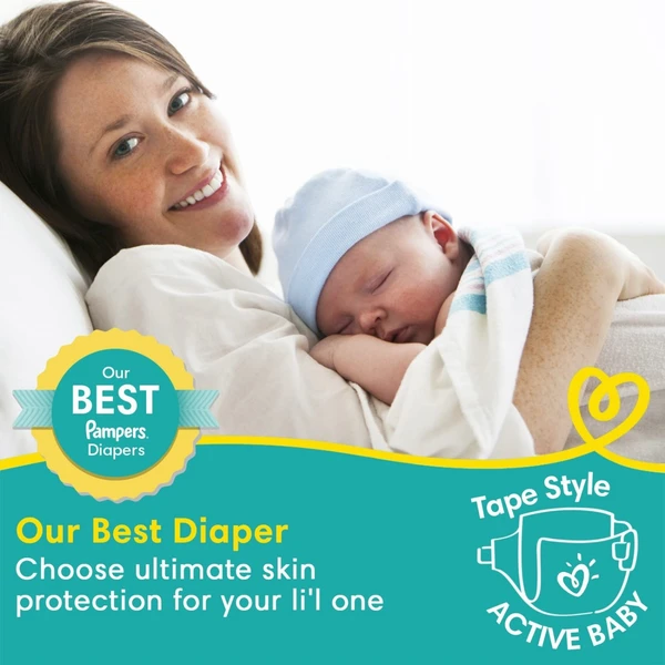 Pampers Active Baby Tape Style Baby Diapers, New Born/Extra Small (NB/XS) Size, 72 Count, Adjustable Fit with 5 star skin protection, Up to 5kg Diapers - New Born/X-Small, 72