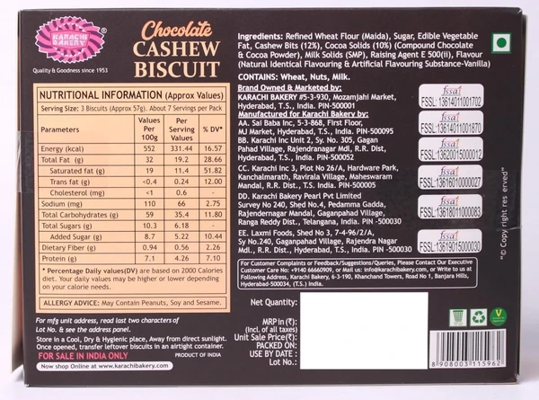 Karachi Bakery Chocolate Cashew Biscuits, 400g - Chocolate Cashew