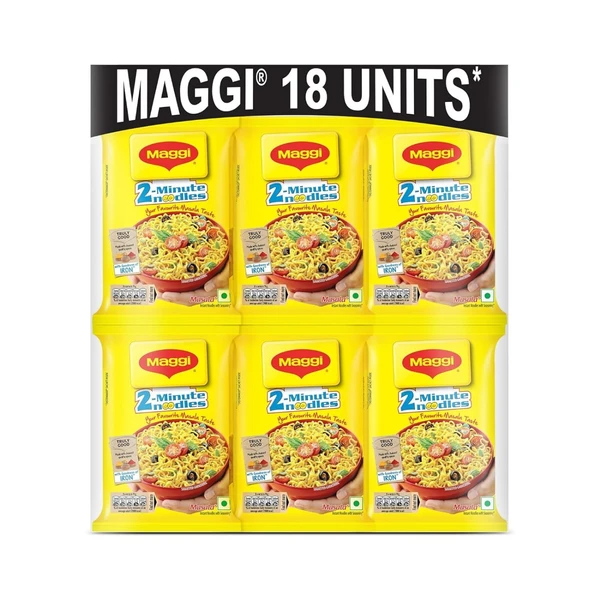 MAGGI 2-minute Instant Noodles, Masala Noodles with Goodness of Iron, Made with Choicest Quality Spices, Favourite Masala Taste, 70g (Pack of 18) - Pack of 18 (Rs. 252), Non-Returnable
