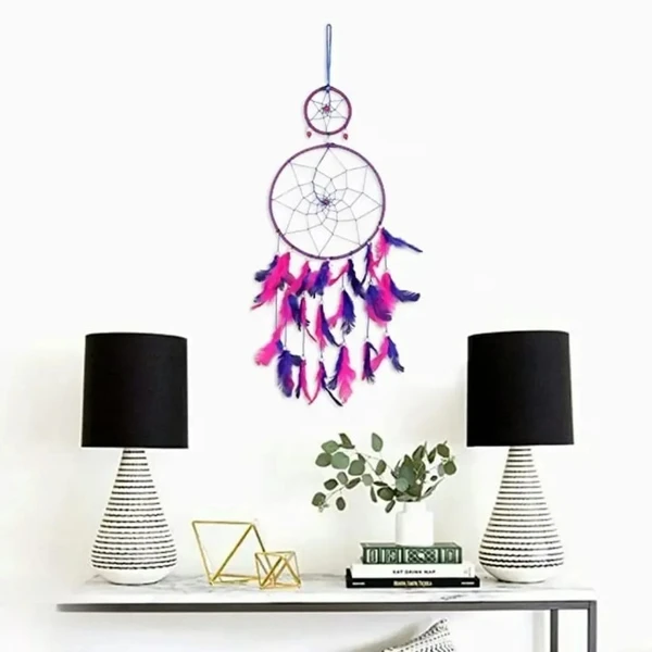 Dream Catcher Pink Blue Dual Ring, Home Deacute;cor, Wall Hanging, Nursery Handmade LxB 51x16 cm Combo Pack of 1