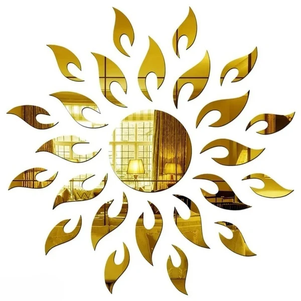 Designer 1.5 Feet Sun Golden, Acrylic Mirror Wall Decor Sticker For Wall - Gold, Large Size