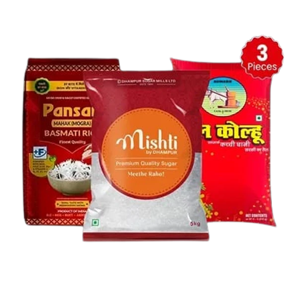 Bail Kolhu Kachi Ghani Oil - 1 ltr (Pouch) x 3 + Pansari Basmati Rice -5 kg + Sugar - 5 kg