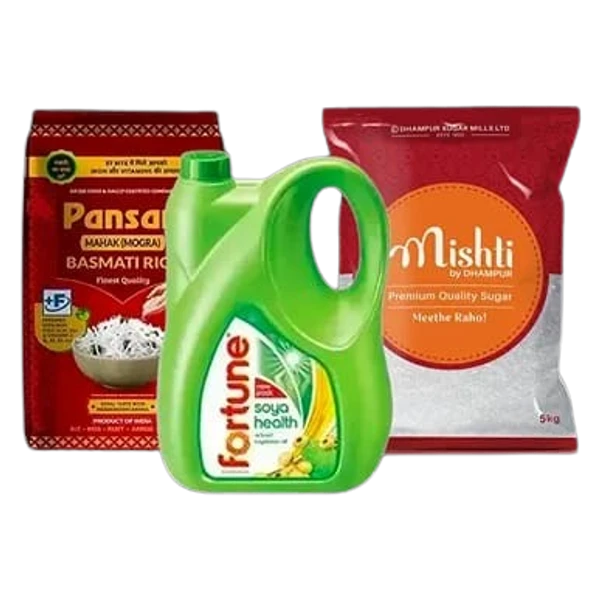 Fortune Refined Soyabean Oil - 5 ltr + Pansari Basmati Rice -5 kg + Sugar - 5 kg - Combo of 3