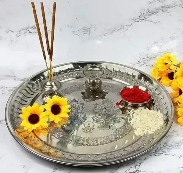 Harmaya Stainless Steel Aarti Pooja Thali Set for Home Temple (1 Piece, Silver)