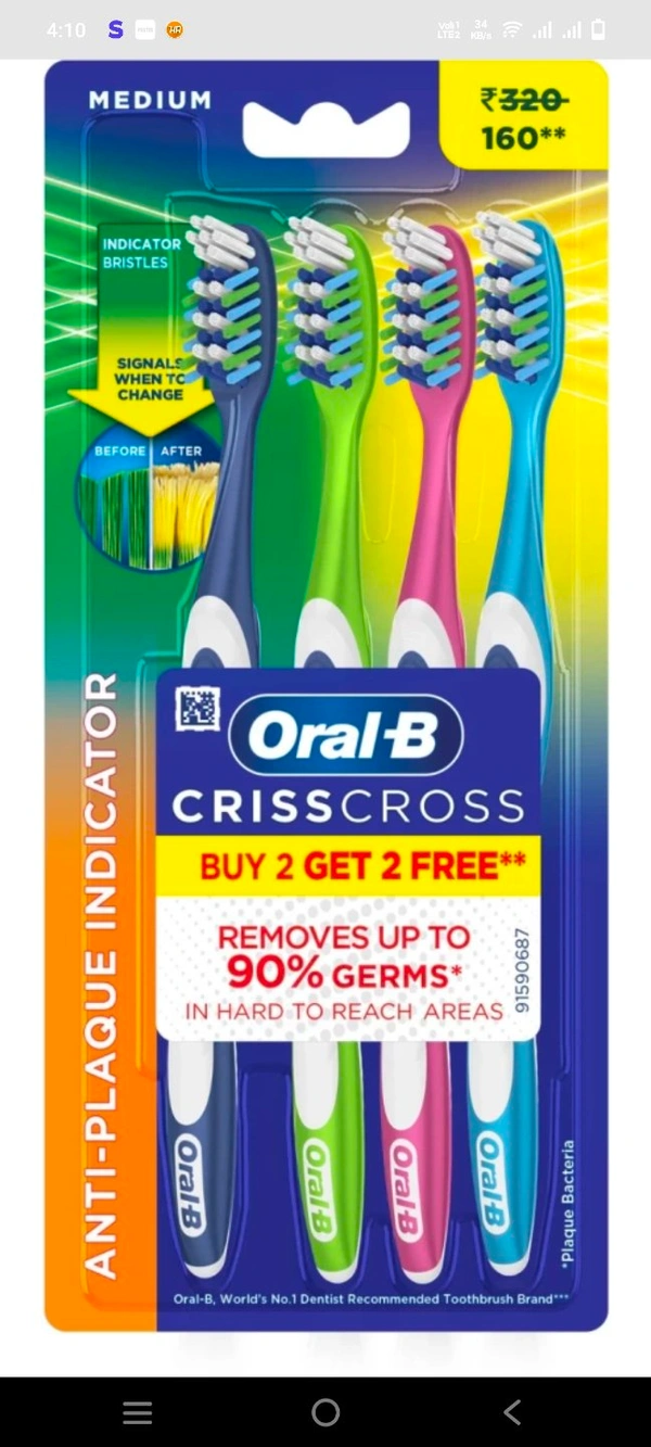 Oral-B Criss Cross Medium Toothbrush (Buy 2 Get 2Free) (4 Toothbrushes)