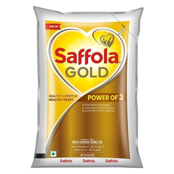 Saffola Gold Refined Cooking Oil - Blend Of Rice Bran & Corn Oil, Multi-Source Edible, 1 L Pouch