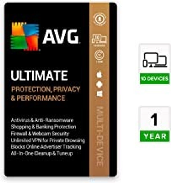 AVG Ultimate (Incl. Total Security Antivirus, VPN, PC Cleaner & AntiTracker) (10 PC | 1 Year) (Email Delivery In 24 Hours- No CD)
