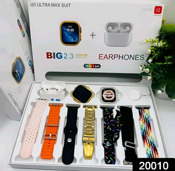 10 Piece Ulta Watch 7+1+1+1 (1 Watch Ultra + 1 Airpods Pro + 1Silicon Case Of Watch Ultra + 7 Straps [10 in1 Set Ultra Smart Bluetooth Calling Smartwatch + Earphones with Transparent Screen Guard Watch with Seven Classic Straps For Smartwatch for MEN & WOMEN Gift Product (1 Set / Mix Color)] - 49 mm, Multicolor