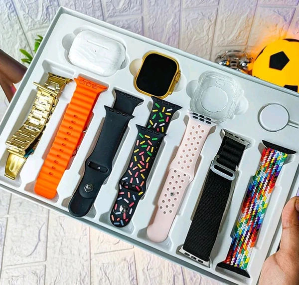 10 Piece Ulta Watch 7+1+1+1 (1 Watch Ultra + 1 Airpods Pro + 1Silicon Case Of Watch Ultra + 7 Straps [10 in1 Set Ultra Smart Bluetooth Calling Smartwatch + Earphones with Transparent Screen Guard Watch with Seven Classic Straps For Smartwatch for MEN & WOMEN Gift Product (1 Set / Mix Color)] - 49 mm, Multicolor