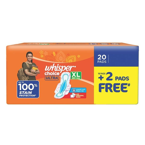 Whisper Choice Ultra Sanitary Pad - XL, 18 pcs (Get 2 Pads Free)