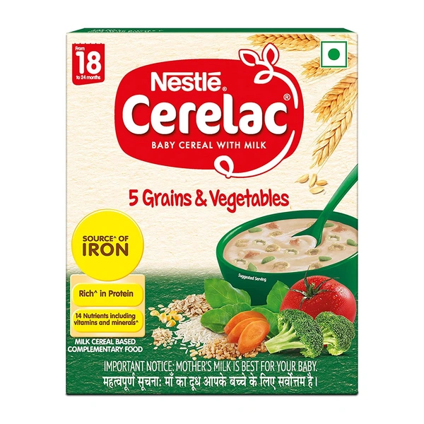 Nestle CERELAC Baby Cereal with Milk, 5 Grains & Vegetables – from 18 to 24 Month, Bib Pack, 300 