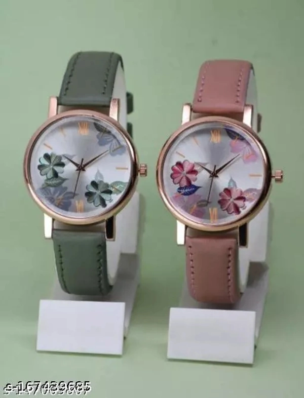 Name : GORGEOUS FLOWER DESING LATHER ANALOG WATCH FOR GIRLS AND WOMEN COMBO (PACK OF 2) - Glade Green, Free Size