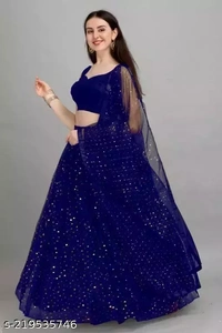 Net Women Lehenga - Navy Blue, Free Size