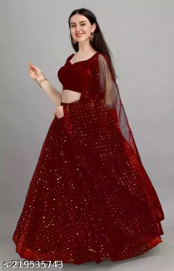 Net Women Lehenga - Bright Red, Free Size