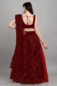 Net Women Lehenga - Bright Red, Free Size