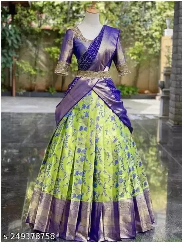 Women's Kanchipuram Kanjivaram Indian Traditional Style Silk Pure Zari Weaving Traditional Lehenga Choli Set Half - Green, Free Size