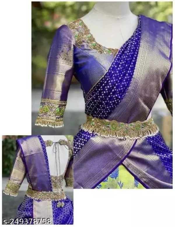 Women's Kanchipuram Kanjivaram Indian Traditional Style Silk Pure Zari Weaving Traditional Lehenga Choli Set Half - Green, Free Size