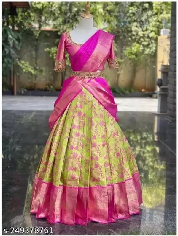 Women's Kanchipuram Kanjivaram Indian Traditional Style Silk Pure Zari Weaving Traditional Lehenga Choli Set Half - Web Orange, Free Size