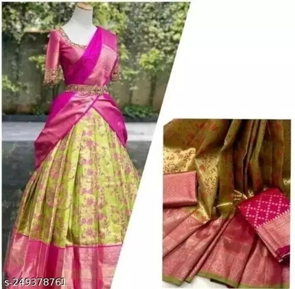 Women's Kanchipuram Kanjivaram Indian Traditional Style Silk Pure Zari Weaving Traditional Lehenga Choli Set Half - Web Orange, Free Size