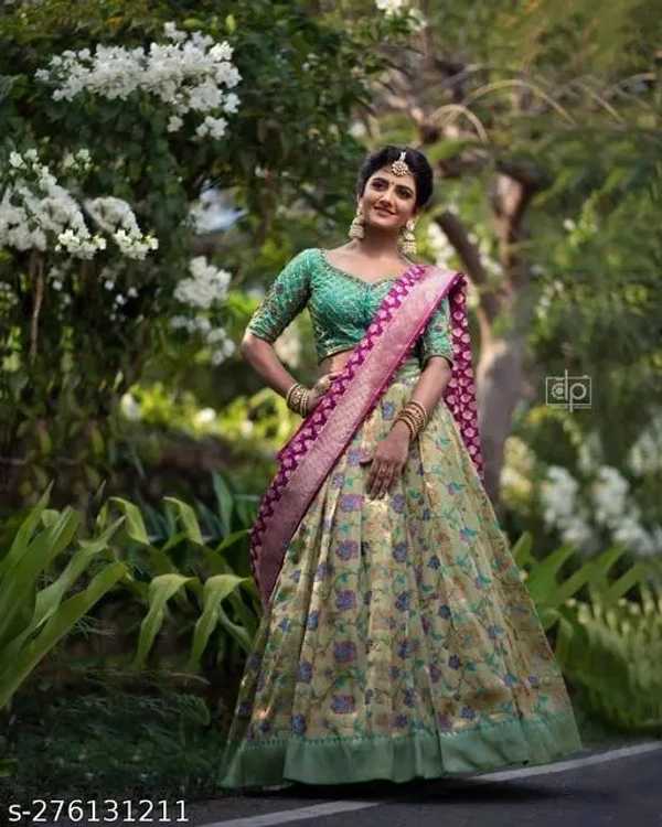 Kanjiveram Silk pure Zari lehanga with blouse along with Duppta - Japanese Laurel, Free Size