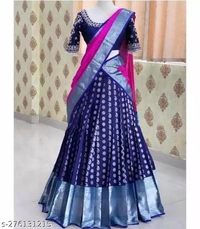 Kanjiveram Silk pure Zari lehanga with blouse along with Duppta - Dark Blue, Free Size