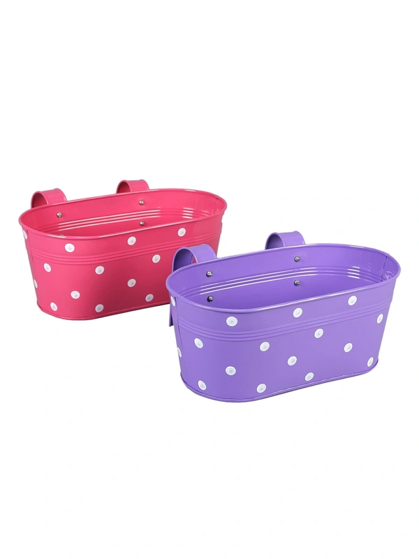 Set of two Polka Dot Oval Railling Planter Big Purple & Pink - 12''X6''X5'', Pink & Purple, Glossy Powder Coated