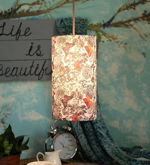 Butterfly Cylindrical Hanging Shade - 6''X6''X11'', Black, Digitally Printed Poly Cotton