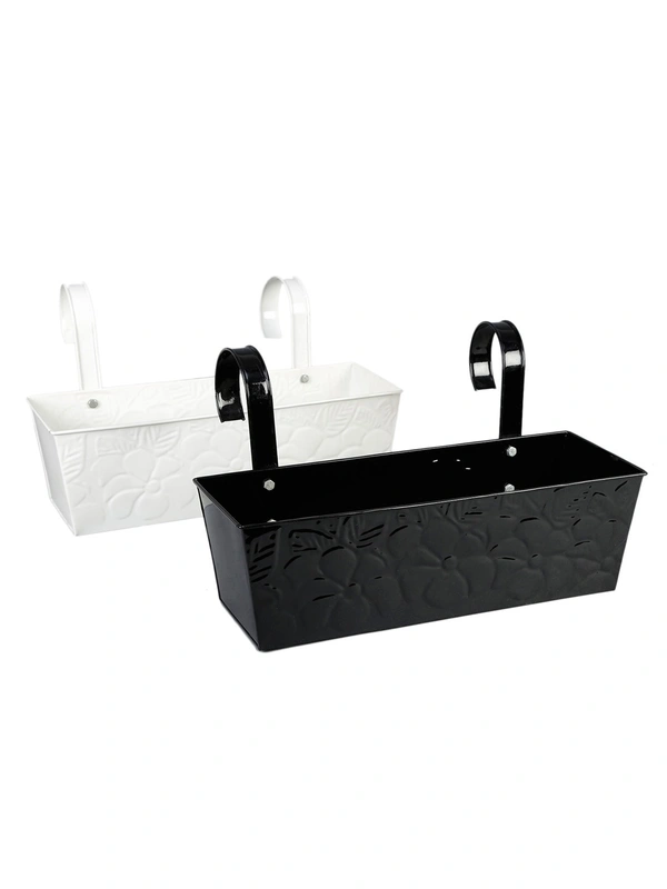 Set of Two 18'' Embossed Recatngular Planter Black & White - 18''X6''X6'', Glossy Powder Coated, Galvanized Iron