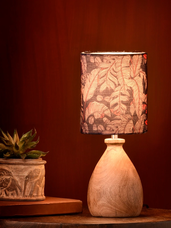 WoodenDomeTableLampBlueLeavesShade