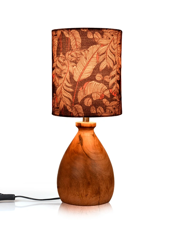 WoodenDomeTableLampBlueLeavesShade