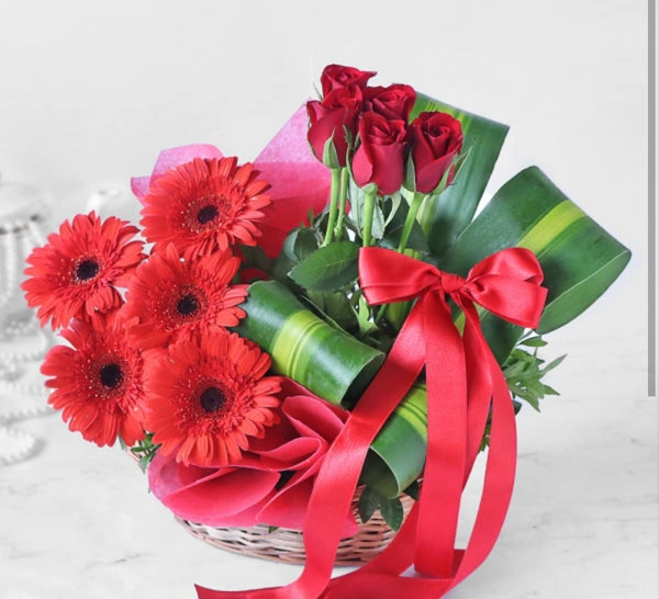 Red Gerberas & Roses In Basket Arrangement 