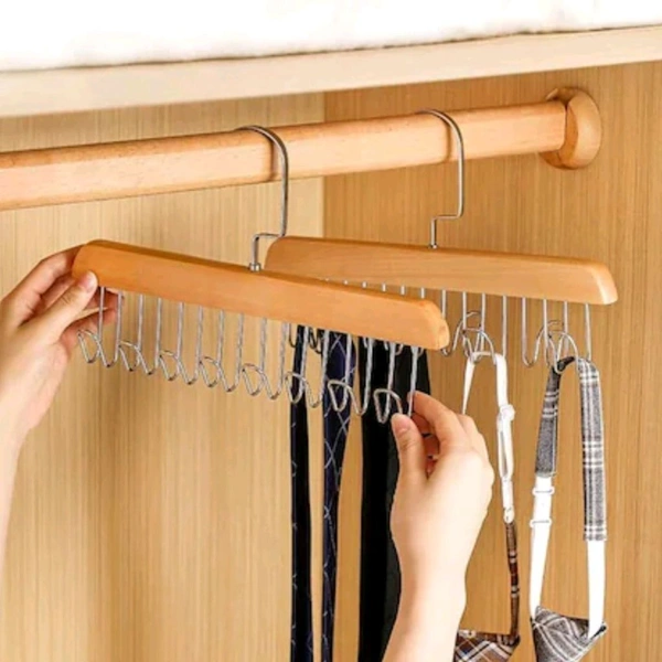 Multifunctional Trending Space Saving Wooden Hanger With 8 Metal Hooks For Easy Hanging 