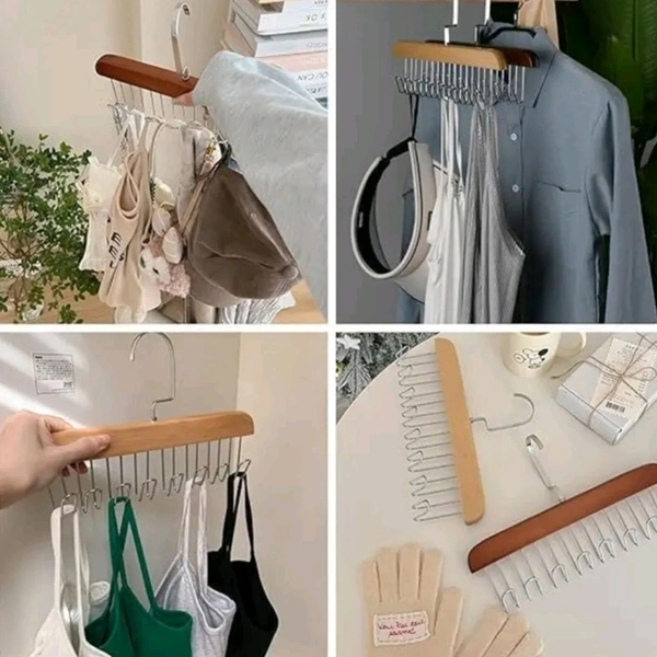Multifunctional Trending Space Saving Wooden Hanger With 8 Metal Hooks For Easy Hanging 