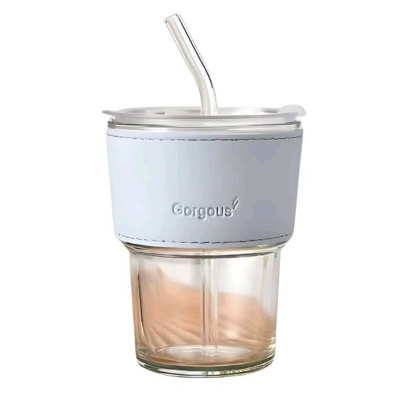 Trending Cute Luxury Transparent Glass Juice Or Coffee Cup With Straw And Leather Finish Holding Grip Support (450ml) 