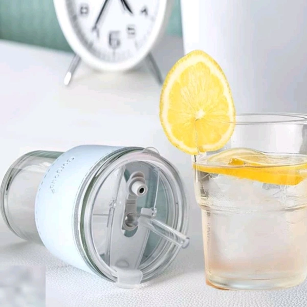 Trending Cute Luxury Transparent Glass Juice Or Coffee Cup With Straw And Leather Finish Holding Grip Support (450ml) 
