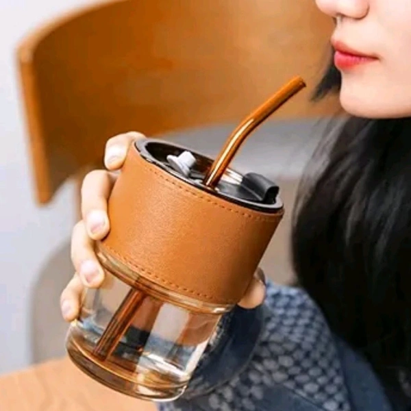 Trending Cute Luxury Transparent Glass Juice Or Coffee Cup With Straw And Leather Finish Holding Grip Support (450ml) 
