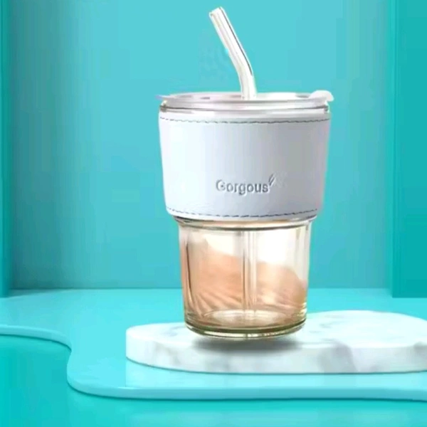 Trending Cute Luxury Transparent Glass Juice Or Coffee Cup With Straw And Leather Finish Holding Grip Support (450ml) 