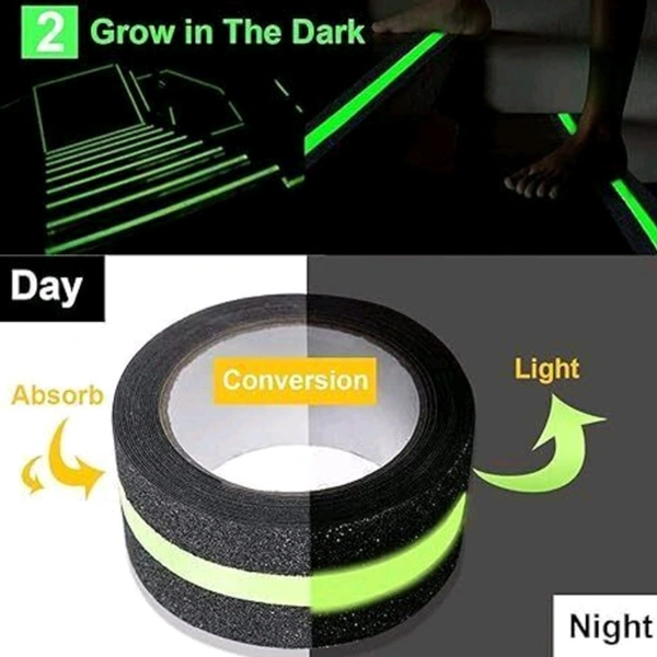 Premium Self Adhesive Anti Slip Grip Tape With Night Green Super Glow Stripes For Safety Walk (5metres) 